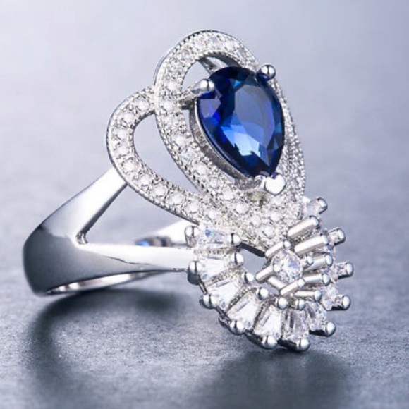 925 silver Luxury Water Drop Blue Sapphire Ring - Picture 4 of 11